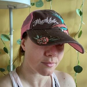 TLC Miami Ink Embroidered Sparrow + Rose Tattoo, Pink Mesh Snapback Trucker Hat